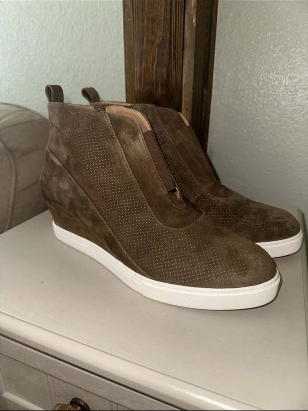Linea Paolo Brown Suede Perforated Wedge Sneaker